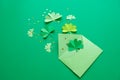 St. Patrick`s day, clover on a green shiny background Royalty Free Stock Photo