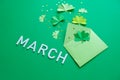 St. Patrick`s day, clover on a green shiny background Royalty Free Stock Photo
