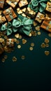 St. Patrick's Day concept, Photo taken from above, leprechaun hats with gifts, gift boxes and gold coins on green