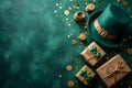 St. Patricks Day concept, Photo taken from above, leprechaun hats with gifts, gift boxes and gold coins on green Royalty Free Stock Photo