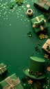 St. Patrick's Day concept, Photo taken from above, leprechaun hats with gifts, gift boxes and gold coins on green Royalty Free Stock Photo