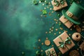 St. Patrick's Day concept, Photo taken from above, leprechaun hats with gifts, gift boxes and gold coins on green Royalty Free Stock Photo