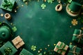 St. Patrick's Day concept, Photo taken from above, leprechaun hats with gifts, gift boxes and gold coins on green Royalty Free Stock Photo