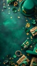 St. Patrick's Day concept, Photo taken from above, leprechaun hats with gifts, gift boxes and gold coins on green Royalty Free Stock Photo