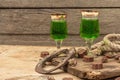 St. Patrick`s Day concept. Traditional green cocktail, sweet chocolate in the shape of clover leaves