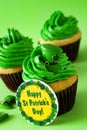 St. Patrick`s Day cupcake on green background.