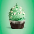 St. Patrick\'s day cupcake on green with three-leaved shamrocks (four leaf clove) on top generative AI Royalty Free Stock Photo