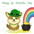 St.Patrick s Day. Cute dog corgi in a leprechaun hat with a clover, bowler with gold coins, rainbow, clover. Cartoon Royalty Free Stock Photo