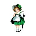 St. Patrick's Day. Cute girl in irish costume. Vintage postcard Royalty Free Stock Photo