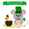 St.Patrick s Day. A cute gray mouse in a green hat stands and raised a paw, a bowler with gold coins and a bird in a green hat,