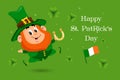 St. Patrick\'s Day, cute leprechaun with golden horseshoe, shamrock leaves. Illustration, postcard, banner Royalty Free Stock Photo