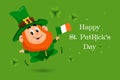 St. Patrick\'s Day, cute leprechaun with Ireland flag, shamrock leaves and greeting text. Illustration, postcard, banner Royalty Free Stock Photo
