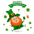 St. Patrick\'s Day, cute leprechaun with Ireland flag, shamrock leaves. Illustration, postcard, banner, vector Royalty Free Stock Photo