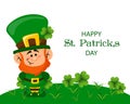 St. Patrick\'s Day, cute leprechaun with shamrock leaves and greeting text. Illustration, postcard, banner Royalty Free Stock Photo