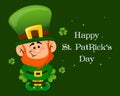St. Patrick\'s Day, cute leprechaun with shamrock leaves and greeting text. Illustration, postcard, banner Royalty Free Stock Photo