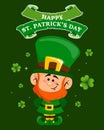 St. Patrick\'s Day, cute leprechaun with shamrock leaves and greeting text. Illustration, postcard, banner vector Royalty Free Stock Photo