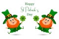 St. Patrick\'s Day, cute leprechauns with shamrock leaves and greeting text. Illustration, postcard, banner vector Royalty Free Stock Photo