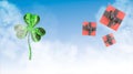 St. Patrick's Day 3d clover and ping gift boxes over space background. Decorative greeting postcard. Simple banner for the