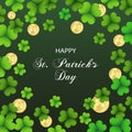 St. Patrick\'s Day, dark green background with shamrock leaves and golden coins. Postcard, banner, poster Royalty Free Stock Photo