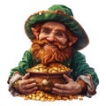 St. Patrick\'s Day design. A red leprechaun holds a pot of gold