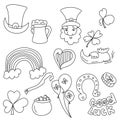 St Patrick`s Day doodles set, outline illustrations of festive Irish symbols