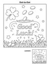 St. Patrick`s Day dot-to-dot picture puzzle and coloring page with pot of gold, coins, grass, shamrock, Good Luck greeting. Answer Royalty Free Stock Photo