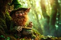 St.Patrick \'s Day. fairy leprechaun sits under a tree in the forest with a pot of gold.
