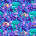 St. Patrick`s day festive seamless pattern. Unusual psychodelic turquoise purple gamma. Leprechaun`s top hat with golden