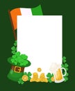 St. Patrick\'s Day frame with green leprechaun hat, beer glass, Irish flag and shamrock leaves. Postcard, banner. Royalty Free Stock Photo