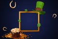 St.Patrick \'s Day. Frame in leprechaun hat, pot of gold coins horseshoe clover.