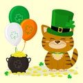 St.Patrick`s Day. Ginger striped kitten in a green hat of the gnome, a pot of gold coins, three balloons, clover. Cartoon style,