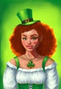 St Patrick`s day Girl in green costume. Cheerful beautiful Irish young woman.