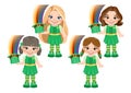 St. Patrick s Day with girls in Irish costumes. girl holding rainbow in leprechaun hat cartoon vector Royalty Free Stock Photo