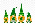 St Patrick`s Day Gnomes Family isolated on transparent background. Irish gnomes holding shamrocks or clovers. Vector illustration