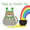 St.Patrick `s Day. Gray striped cat in the bezel with clover, bowler with gold coins, rainbow, clover. Cartoon style, flat design