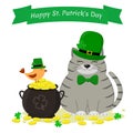 St.Patrick `s Day. Gray striped cat in a green hat, a leprechaun, a teapot with gold coins and a bird in a green hat, a clover.