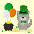 St.Patrick`s Day. A gray striped Kitty in a green hat of a leprechaun, a pot of gold coins, three balloons, a clover. Cartoon