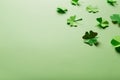 St. patrick`s day. green background with clover leaves: shamrock and four-leafed. copy space.