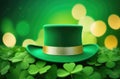 green holiday hat, leprechaun hat, clover leaves, Irish shamrock, bokeh effect, golden glow, magic and luck