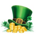 St. Patrick's Day green leprechaun hat with clover and gold