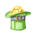 St Patrick's day green leprechaun's hat with golden coins isolated on white background. Irish holiday illustration.