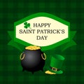 St. Patrick\'s Day greeting card. Cauldron with gold coins, leprechaun hat on green checkered background. Vector Royalty Free Stock Photo