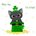 St. Patrick s Day greeting card. Cute gray cat in a rim with clover, sitting in a green hat, a dwarf, gold coins. Cartoon style,