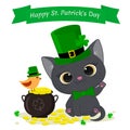 St.Patrick s Day greeting card. Cute gray kitten in a green hat leprechaun, bowler hat with gold coins and a bird in a green hat,