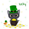 St. Patrick s Day greeting card. Cute gray kitten in a green hat of a leprechaun holds a bowler with gold coins, bird, clover.