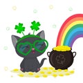 St. Patrick s Day greeting card. Cute gray kitten in a rim of clover and glasses sitting, a bowler hat with gold coins, a rainbow