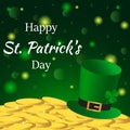 St. Patrick\'s Day greeting card with gold coins, green leprechaun hat and shamrock on a bright background. Vector Royalty Free Stock Photo