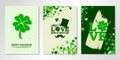 St Patrick`s Day greeting cards set with logo, clover and shamrock confetti. Three vector flyer design templates