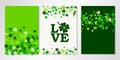 St Patrick`s Day greeting cards set with logo love, clover and shamrock confetti. Three vector flyer design templates for banners