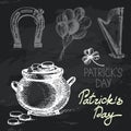 St. Patrick`s Day hand drawn chalkboard design set. Black chalk texture Royalty Free Stock Photo
